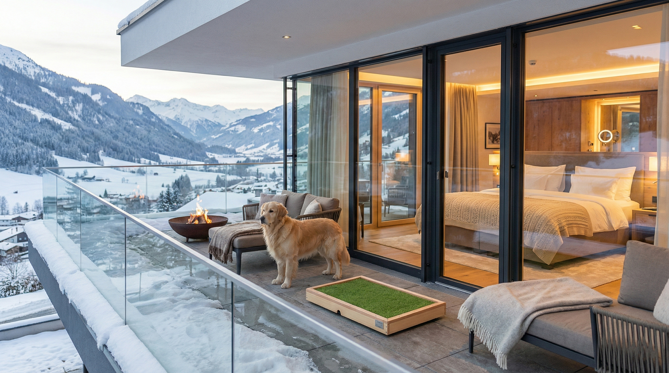 Pet Friendly Excellence: Stimmungsvolle Abendatmosphäre auf einer Hotelterrasse mit integriertem HundeWC als Upselling-Infrastruktur.