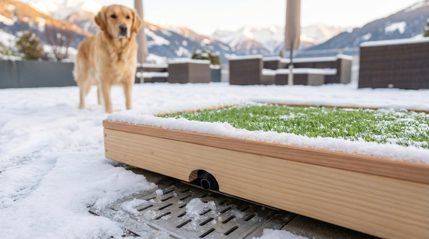 Detailansicht des massiven Rahmens aus Douglasie, der das HundeWC umschliesst. Das wetterfeste Naturholz ist für den Ganzjahreseinsatz auf dem Balkon optimiert.